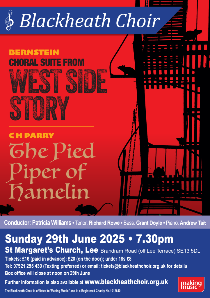 Poster for Blackheath Choir's concert on 29-06-25. A rickety flight of fire escape stairs is silhouetted against a red background. Several small rats populate the stairs. Title text reads: Blackheath Choir Bernstein: Choral Suite from West Side Story C H Parry: The Pied Piper of Hamelin
